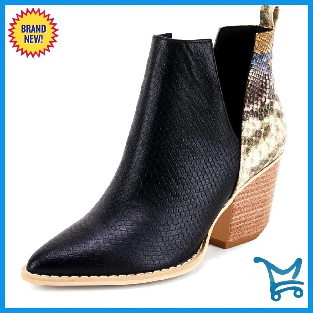 Pointed Toe Stacked Heel Ankle Booties V Cut Back Zipper Faux Leather